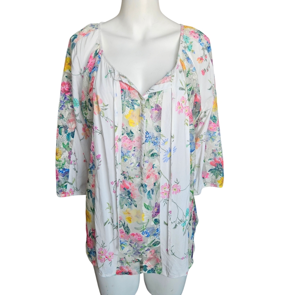 Fig &‎ Flower Womens Floral Peasant Top Mesh Sides & Sleeves Sz M Boho Cottage